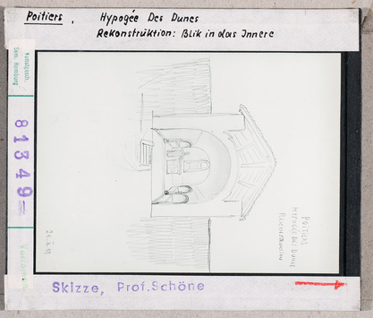 Vorschaubild Poitiers: Hypogée des Dunes. Hypogäum, Rekonstruktion mit Blick in Inneres. Skizze Wolfgang Schöne 1959 